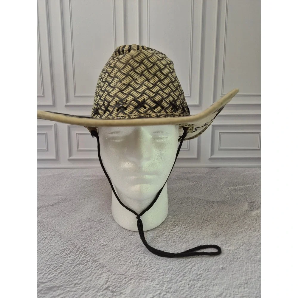 Mens Woven Straw Cowboy Hat Tan Black Wide Brim Western Sun Hat with Chin Strap